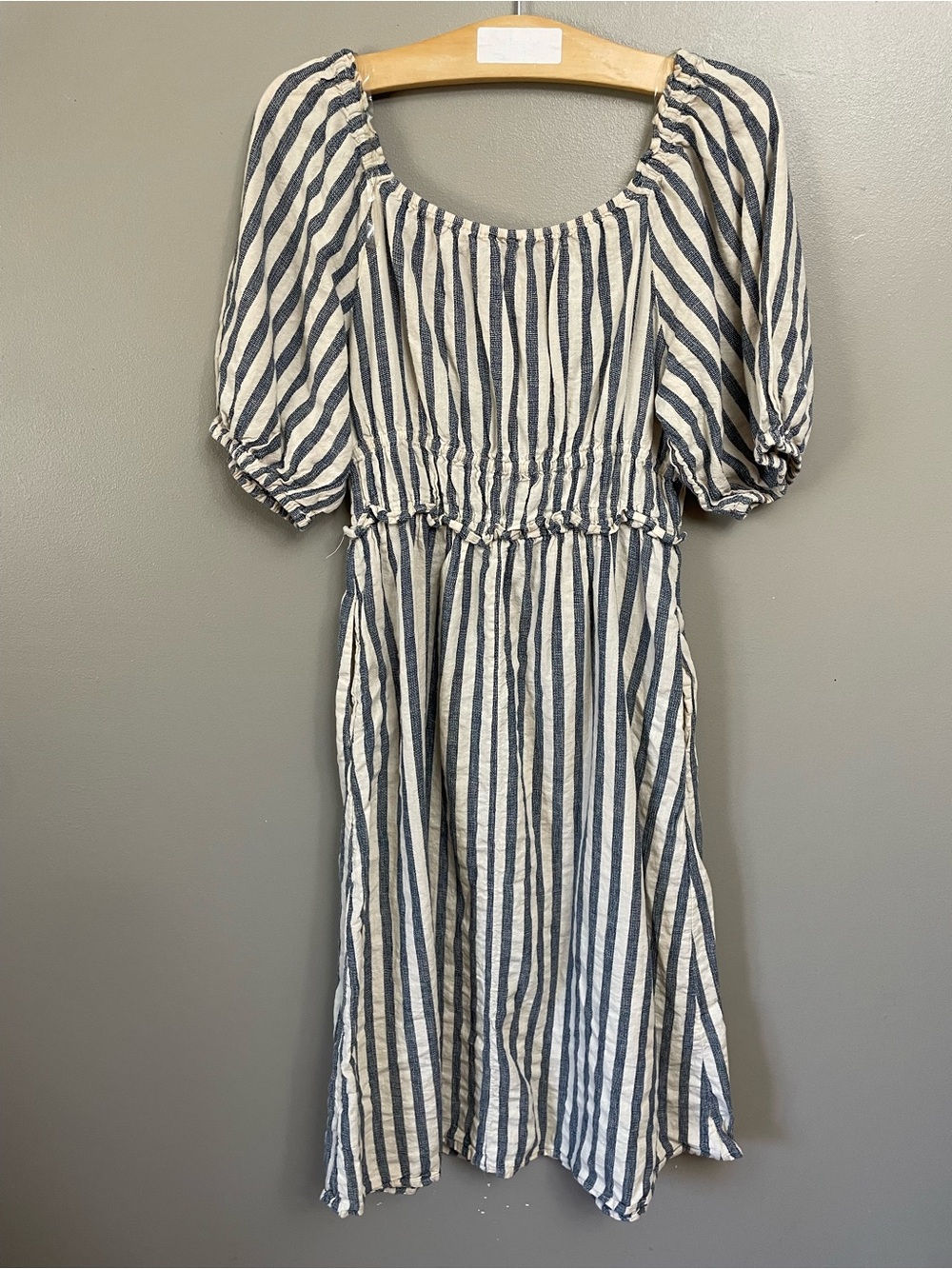 Linen Dress Puff Sleeve Blue Cream Stripe Medium Boho Lagenlook Universal Thread - Picture 3 of 9